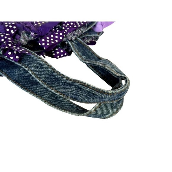 Handcrafted Purple & Denim Ribbon Bow Crochet Handbag Mini Tote OOAK - Picture 6 of 7